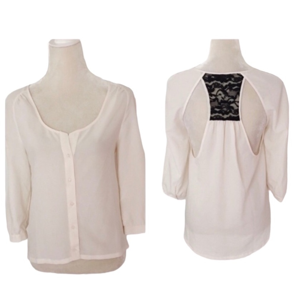 Sparkle & Fade Cream Black Inset Open Back Blouse Size Medium